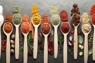 Photo of Many different spices in spoons on grey table, flat lay