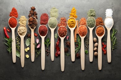 Photo of Many different spices in spoons on grey table, flat lay