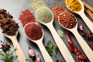 Photo of Many different spices in spoons on grey table, closeup