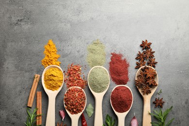 Photo of Many different spices in spoons on grey table, flat lay. Space for text