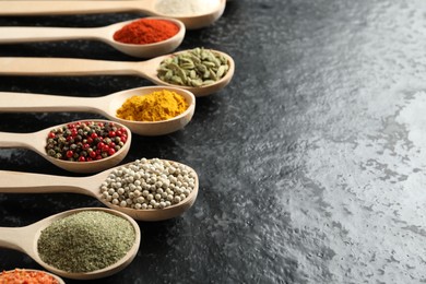 Photo of Many different spices in spoons on black table, closeup. Space for text