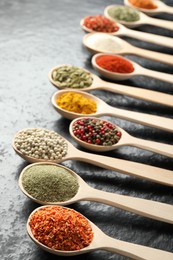 Photo of Many different spices in spoons on black table, closeup