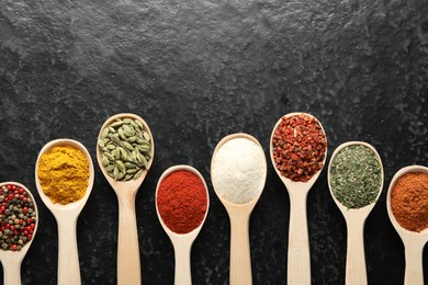 Photo of Many different spices in spoons on black table, flat lay. Space for text