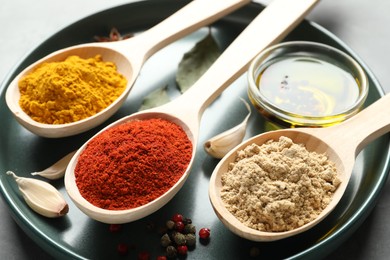 Photo of Many different spices in spoons on grey table, closeup