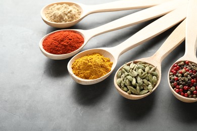 Photo of Many different spices in spoons on grey table, closeup