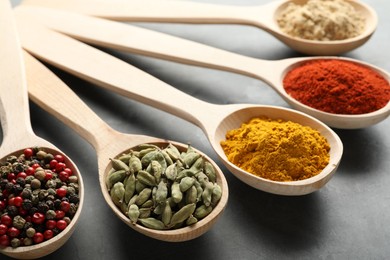 Photo of Many different spices in spoons on grey table, closeup