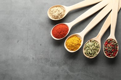 Photo of Many different spices in spoons on grey table, flat lay. Space for text