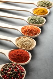 Photo of Many different spices in spoons on grey table, closeup