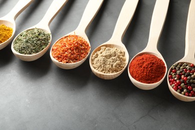 Photo of Many different spices in spoons on grey table, closeup