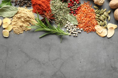 Photo of Different spices on grey table, flat lay. Space for text
