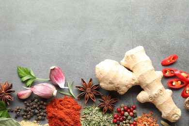 Photo of Different spices on grey table, flat lay. Space for text