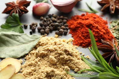 Photo of Many different spices on grey table, closeup