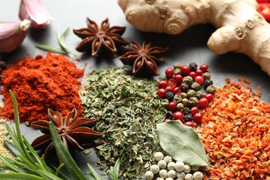 Photo of Many different spices on grey table, closeup