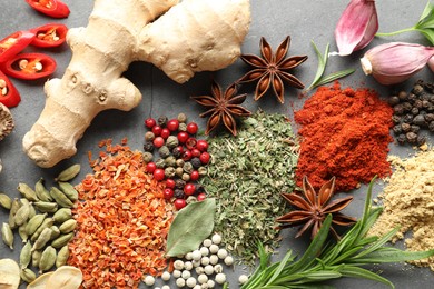 Photo of Different spices on grey table, flat lay