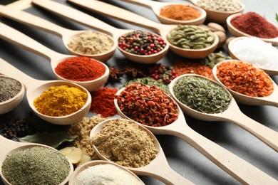 Photo of Many different spices in spoons on grey table, closeup