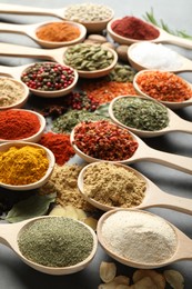 Photo of Many different spices in spoons on grey table, closeup