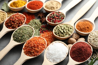 Photo of Many different spices in spoons on grey table, closeup