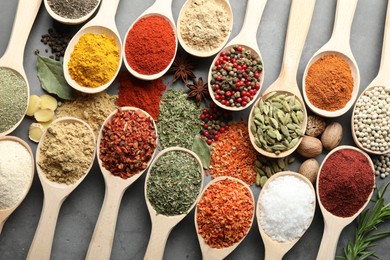 Photo of Many different spices in spoons on grey table, flat lay