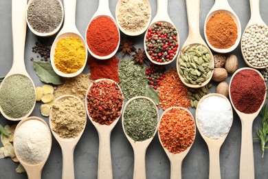 Photo of Many different spices in spoons on grey table, flat lay