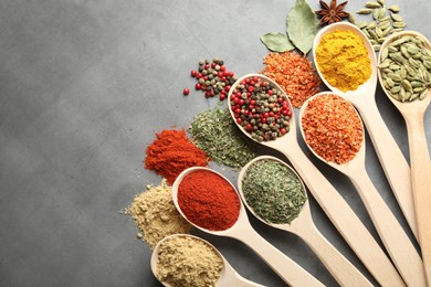 Photo of Many different spices in spoons on grey table, flat lay. Space for text
