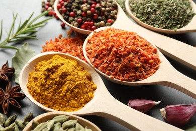 Photo of Many different spices in spoons on grey table, closeup