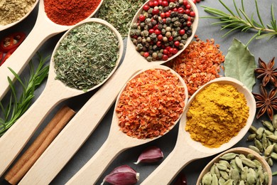 Photo of Many different spices in spoons on grey table, closeup
