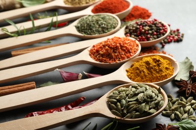 Photo of Many different spices in spoons on grey table, closeup