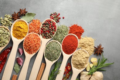 Photo of Many different spices in spoons on grey table, flat lay