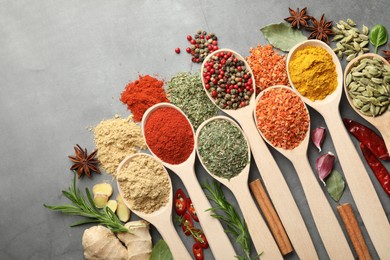 Photo of Many different spices in spoons on grey table, flat lay