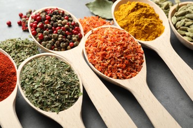 Photo of Many different spices in spoons on grey table, closeup