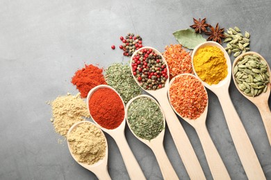 Photo of Many different spices in spoons on grey table, flat lay