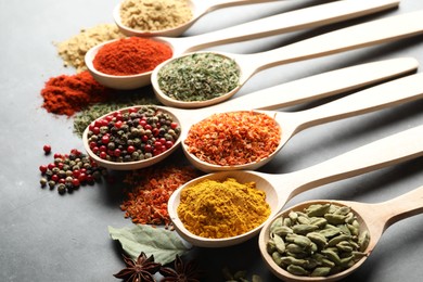 Photo of Many different spices in spoons on grey table, closeup