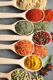 Photo of Many different spices in spoons on grey table, flat lay