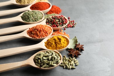 Photo of Many different spices in spoons on grey table, closeup