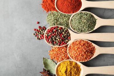 Photo of Many different spices in spoons on grey table, flat lay