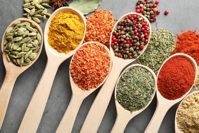 Photo of Many different spices in spoons on grey table, flat lay
