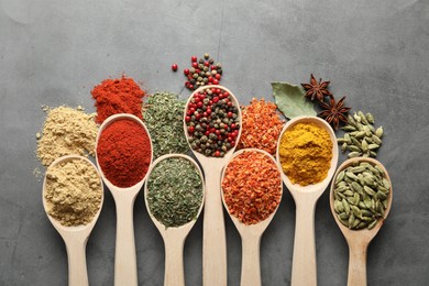 Photo of Many different spices in spoons on grey table, flat lay