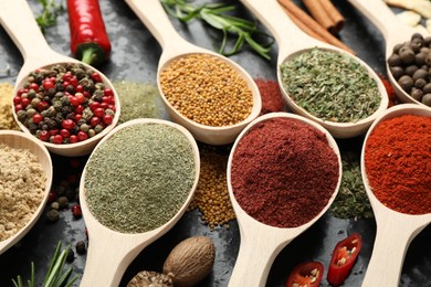 Photo of Many different spices in spoons on grey table, closeup
