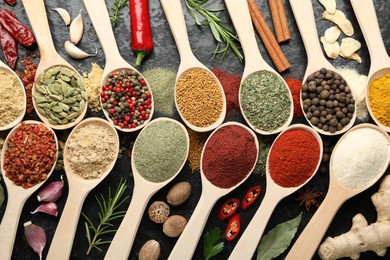 Photo of Many different spices in spoons on grey table, flat lay