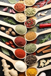 Photo of Many different spices in spoons on grey table, flat lay