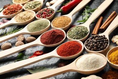 Photo of Many different spices in spoons on black table, closeup