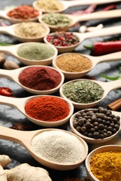Photo of Many different spices in spoons on black table, closeup