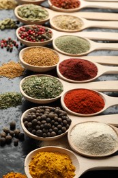 Photo of Many different spices in spoons on black table, closeup