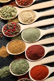 Photo of Many different spices in spoons on black table, flat lay