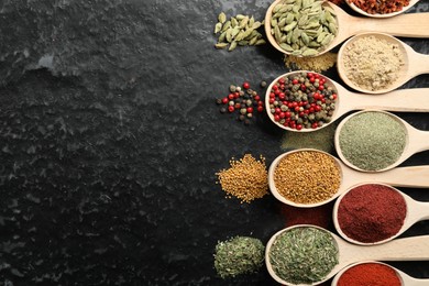 Photo of Many different spices in spoons on black table, flat lay. Space for text