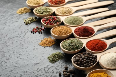 Photo of Many different spices in spoons on black table, closeup