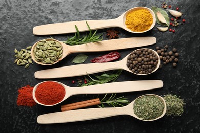 Photo of Many different spices in spoons on black table, flat lay