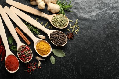 Photo of Many different spices in spoons on black table, flat lay. Space for text