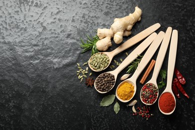 Photo of Many different spices in spoons on black table, flat lay. Space for text