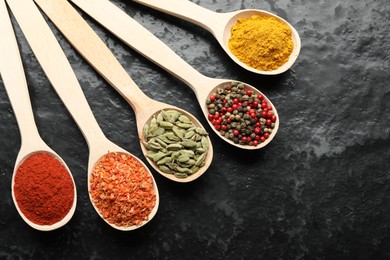 Photo of Many different spices in spoons on black table, flat lay